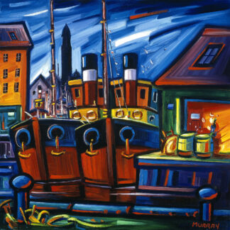 A vibrant, expressionist painting of boats at a dock with buildings in the background under a dynamic blue sky. By Raymond Murray